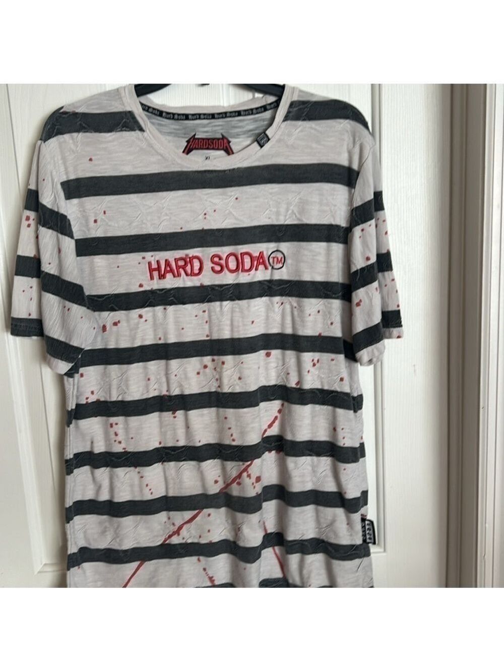 Hard soda t shirt. Gray black striped with Red splatter design.  Size XL